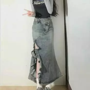 2024 Женская джинсовая юбка-рыбий хвост с высокой талией в стиле ретро XL