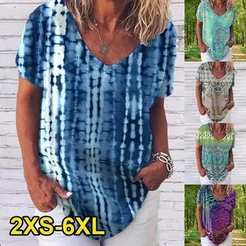 2024 Женская футболка большого размера с коротким рукавом в стиле Y2K, летняя дышащая свежая элегантная женская футболка с V-образным вырезом и принтом, короткий рукав S