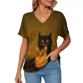 2024 женская футболка Kawaii Cat Print плюс размер топ летняя женская трендовая одежда модная рубашка с коротким рукавом женские футболки с v-образным вырезом XL