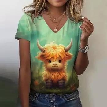2024 Женская футболка Летняя футболка с мультяшным принтом коровы Женская одежда больших размеров Негабаритная дизайнерская рубашка с коротким рукавом Женская v-образным вырезом S