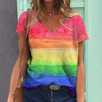 2024 Женская футболка Летняя футболка с радужным принтом Большие размеры Женская одежда Оверсайз Дизайнерская рубашка с коротким рукавом Женская V-образным вырезом S