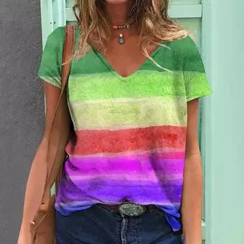 2024 Женская футболка Летняя футболка с радужным принтом Большие размеры Женская одежда Оверсайз Дизайнерская рубашка с коротким рукавом Женская V-образным вырезом S