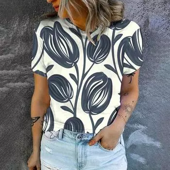2024 женская футболка, летняя модная футболка, популярная элегантная футболка с принтом, футболка большого размера для отдыха, футболка с круглым вырезом S