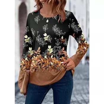 2024 женская футболка с 3D-принтом, цветочным узором и листьями, с длинным рукавом, повседневная, выходного дня, модная, с круглым вырезом, стандартный крой, весна и лето S