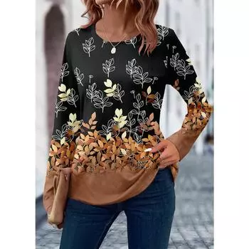 2024 женская футболка с 3D-принтом, цветочным узором и листьями, с длинным рукавом, повседневная, выходного дня, модная, с круглым вырезом, стандартный крой, весна и лето S