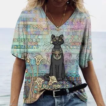 2024 женская футболка с 3D принтом «Манга Кот» в стиле Харадзюку, летний топ с короткими рукавами, повседневная женская одежда, футболки с v-образным вырезом для женщин S