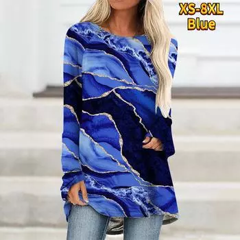 2024 Женская футболка с абстрактным полосатым принтом, модные топы с длинным рукавом, футболки для женщин, винтаж S