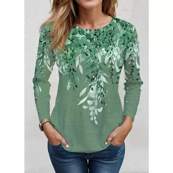2024 Женская футболка с цветочным принтом, длинный рукав, базовая толстовка, модная круглая горловина, стандартный крой, цветочная роспись, весна и осень S