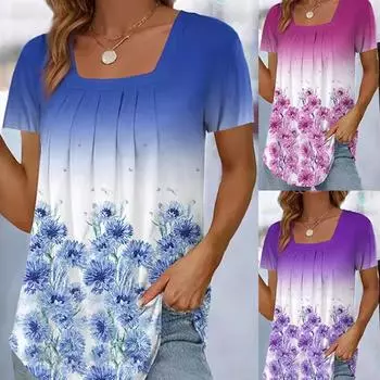 2024 женская футболка с цветочным принтом, плиссированный пуловер с квадратным вырезом и короткими рукавами, женская летняя повседневная футболка, рубашки для отпуска S синий