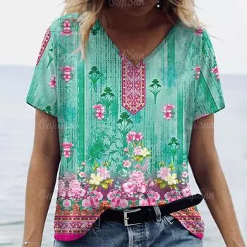 2024 женская футболка с графическим принтом, топ больших размеров, летняя блузка, женская трендовая одежда, модная рубашка с коротким рукавом, женские футболки с v-образным вырезом L