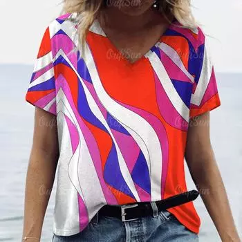 2024 женская футболка с графическим принтом, топ больших размеров, летняя блузка, женская трендовая одежда, модная рубашка с коротким рукавом, женские футболки с v-образным вырезом L