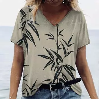 2024 женская футболка с китайским бамбуковым принтом, топ больших размеров, женская трендовая одежда, модная рубашка с короткими рукавами, футболка большого размера с v-образным вырезом S