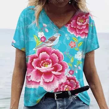 2024 женская футболка с китайским цветочным принтом, женская одежда большого размера, футболки, летняя рубашка с v-образным вырезом, футболки оригинального дизайна