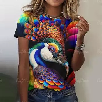 2024 женская футболка с круглым вырезом и коротким рукавом, футболка с 3d принтом павлина, пуловер, топ, модная уличная женская одежда с героями мультфильмов S