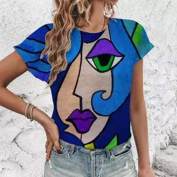 2024 женская футболка с круглым вырезом, модная художественная абстрактная футболка с принтом лица, элегантная летняя женская футболка с короткими рукавами для отдыха S