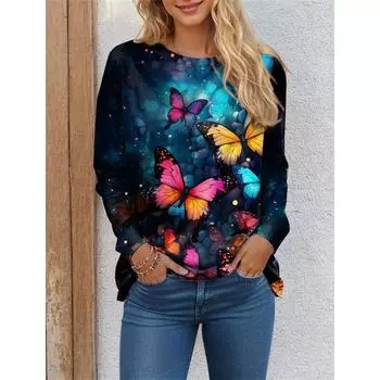 2024 Женская футболка с принтом бабочки 3D, повседневная толстовка, модные футболки с длинным рукавом, круглый вырез, красная, весна и осень S