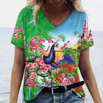 2024 женская футболка с принтом птицы и павлина, топ с животным, женская трендовая одежда больших размеров, модная рубашка с коротким рукавом, женская футболка с v-образным вырезом S