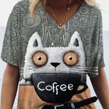 2024 женская футболка с принтом, женская футболка с котом, новая летняя футболка с коротким рукавом и v-образным вырезом, повседневный свободный топ большого размера, женская уличная одежда, размер топа 4XL
