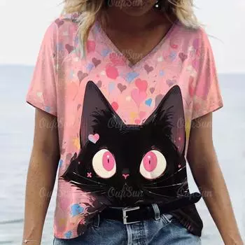 2024 женская футболка с рисунком кота, топ больших размеров, летняя блузка, женская трендовая одежда, модная рубашка с короткими рукавами, футболки с v-образным вырезом S