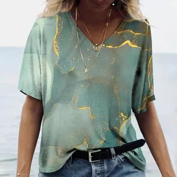 2024 Женская футболка с V-образным вырезом 3D Красочные Модные Y2K Street Женские свободные спортивные футболки большого размера Женские футболки Топы 5XL