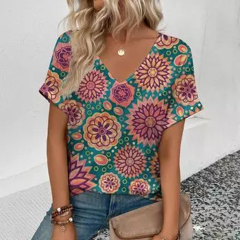 2024 женская футболка с v-образным вырезом в стиле ретро, футболка с цветочным принтом кешью, летняя модная популярная футболка с короткими рукавами для отдыха S
