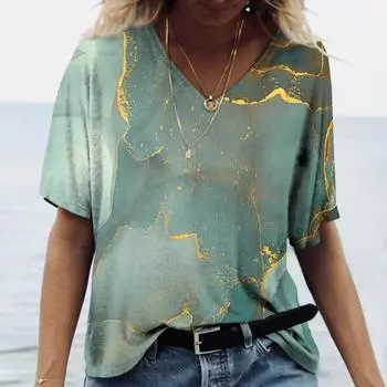 2024 Женская футболка с V-образным вырезом 3D Красочные Модные Y2K Street Женские свободные спортивные футболки большого размера Женские футболки Топы S