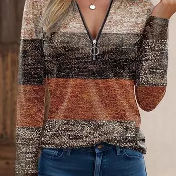 2024 Женская футболка с V-образным вырезом, застежкой-молнией, длинными рукавами и цветочным принтом XL розы красного