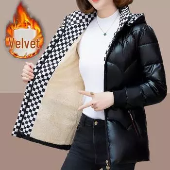 2024 Женская хлопковая куртка на флисовой подкладке: Вьетнамский новогодний стиль, с капюшоном и блестящий 3XL чёрный