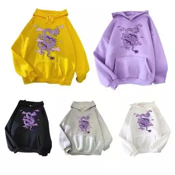 2024 Женская и мужская толстовка с капюшоном, шляпа с длинными рукавами и принтом дракона, свободный теплый пуловер, весенняя толстовка унисекс, одежда для взрослых S чёрный