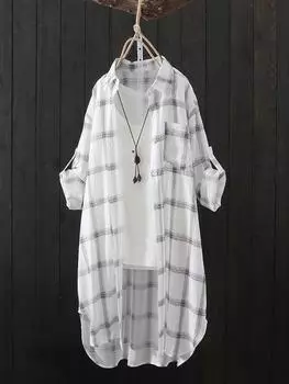 2024 Женская клетчатая рубашка средней длины в корейском стиле для защиты от солнца - Легкая летняя куртка 2XL