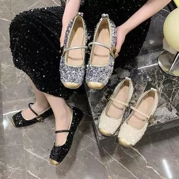2024 Женская костюмная обувь с квадратным носком, новые дизайнерские туфли, блестящие балетки для женщин с золотым носком 35 серебряный
