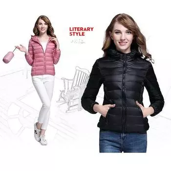 2024 Женская куртка на утином пуху с капюшоном больших размеров - Короткое, легкое пальто XL озеро синий