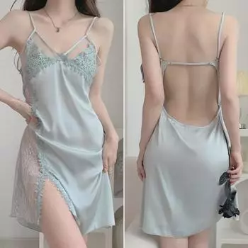 2024 женская летняя кружевная ночная рубашка с открытой спиной из ледяного шелка и сексуальная пижама Medium светло-синий