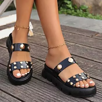 2024 Женская летняя новая мода заклепки дизайнерская женская обувь уличные повседневные открытые носки толстая подошва кожаные пляжные тапочки для женщин 36 абрикосовый