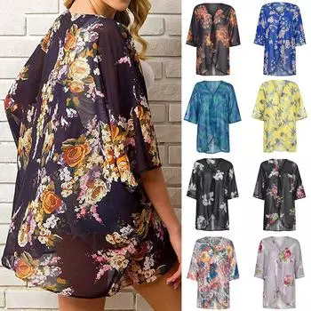 2024 женская летняя пляжная одежда с богемным принтом, платье-бикини с запахом, туника-парео, купальный костюм, длинное кимоно, кардиган, летний топ S