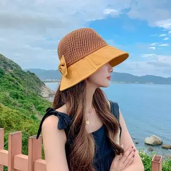 2024 женская летняя солнцезащитная шляпа с дышащим козырьком, корейская версия полностью вязаной ажурной шляпы рыбака с бантом