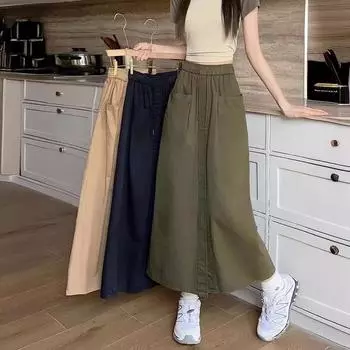 2024 Женская летняя юбка с двойным карманом, свободная юбка А-силуэта с большим разрезом One Size зелёный