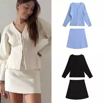 2024 Женская мода комплект из 2 предметов однотонный однобортный пиджак и винтажная мини-юбка с высокой резинкой на талии женский шикарный комплект юбок S