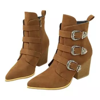 2024 Женская мода остроносые панк-стиль пояс пряжка оттягивает короткие сапоги сексуальные банкетные сапоги 35