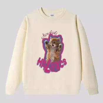 2024 Женская мода Повседневная толстовка с длинным рукавом и круглым вырезом Милый топ с рисунком кота XS
