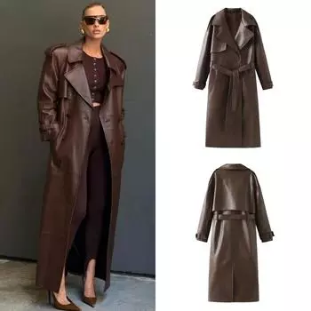 2024 Женская новая мода с поясом, длинное стильное однобортное пальто из искусственной кожи, винтажная верхняя одежда с длинными рукавами и карманами S коричневый