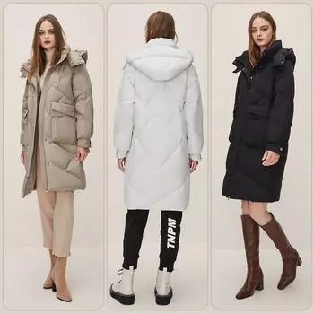 2024 Женская новая теплая куртка-пуховик средней длины с капюшоном, свободная модная парка S чёрный