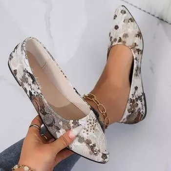 2024 Женская обувь 2024 Брендовая обувь Неглубокие женские туфли на плоской подошве 2024 Слипоны с принтом Шапочки на плоской подошве Сексуальные туфли с острым носком на плоской подошве на низком каблуке 35 коричневый
