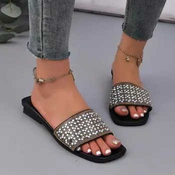 2024 женская обувь, базовые женские тапочки, новые повседневные тапочки, женские туфли с кристаллами и бусинами, квадратный носок, низкий каблук, женская обувь больших размеров 42 чёрный