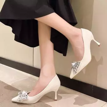 2024 Женская обувь Базовые женские туфли на высоком каблуке Модные туфли-лодочки для вечеринок Женские туфли с бабочкой и кристаллами Острый носок Неглубокие тонкие каблуки Женская обувь 35 чёрный