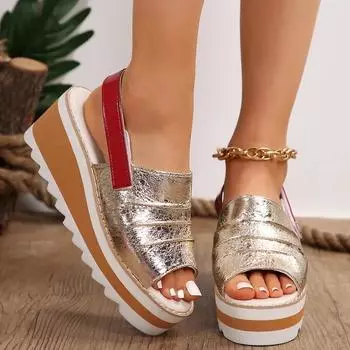 2024 Женская обувь Большие размеры Женские сандалии Модные сандалии с открытым носком Женские сандалии с круглым носком и толстой подошвой на танкетке 36 бежевый