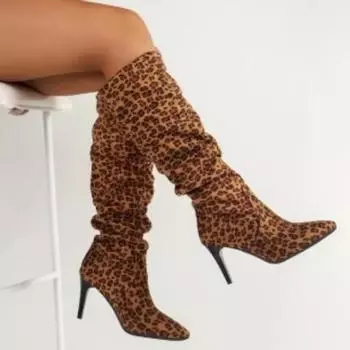 2024 Женская обувь Большие размеры Женские сапоги до колена Современные сапоги без застежек Женские леопардовые плиссированные туфли с острым носком на тонком каблуке Женские 35