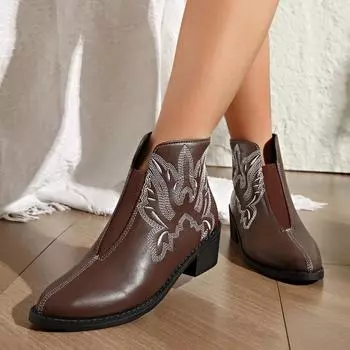 2024 Женская обувь Ботильоны женские Элегантные современные ботинки женские Вышитые заостренные носки Молния сзади Средний каблук Большие размеры Обувь женская 36 чёрный