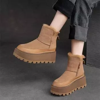 2024 Женская обувь Ботинки женские с боковой молнией Модные повседневные ботинки с круглым носком Женская зимняя обувь на бархатной платформе для женщин 35 чёрный