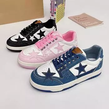 2024 Женская обувь Дизайнерские кроссовки Разноцветные 2024 Звездный узор Легкие кроссовки на толстой подошве для ходьбы Студенческая повседневная обувь на плоской подошве 36 розовый